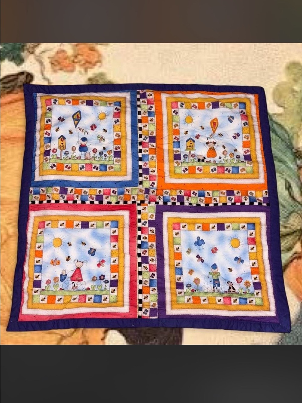 Handmade Four Square Lap Quilt/ Kids Play Mat w/ Scenes and a Colorful Border